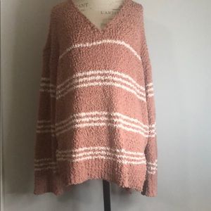LUSH Pink V neck w/White Stripes Popcorn Sweater